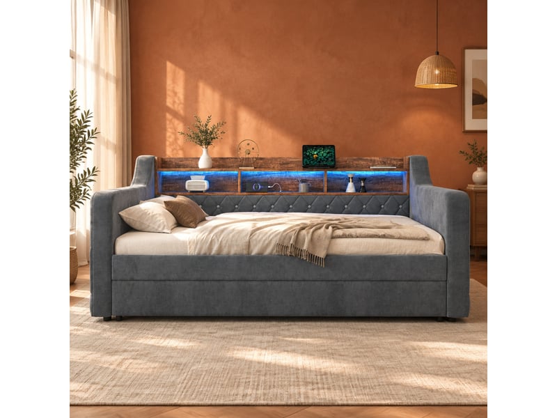  Lit gigogne 1 place en velours avec rangement, usb-c et led réglable, 90x190 cm, sans matelas, gris foncé  - Conforama B