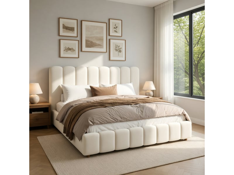  Lit adulte 180 × 200 cm, avec sommier et tête de lit, en velours, beige  - Conforama B