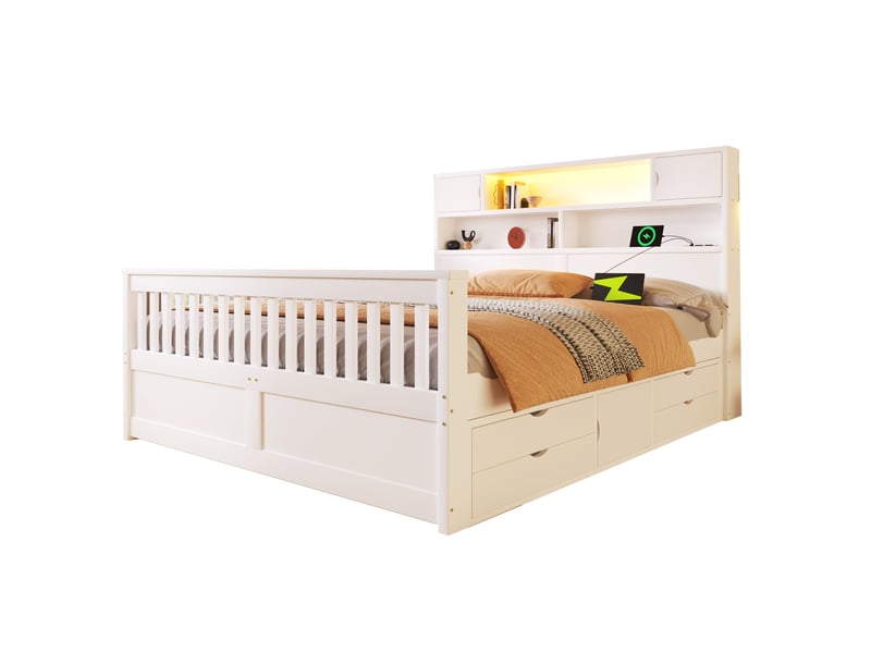 Lit blanc 160x200 cm en bois et mdf avec tête de lit bibliothèque, led, usb, rangements intégrés et quatre tiroirs - Conforama A