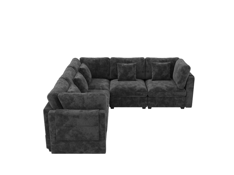 Canapé d'angle modulaire 5 places avec poches de rangement - méridienne réversible, chenille gaufrée gris - Conforama E