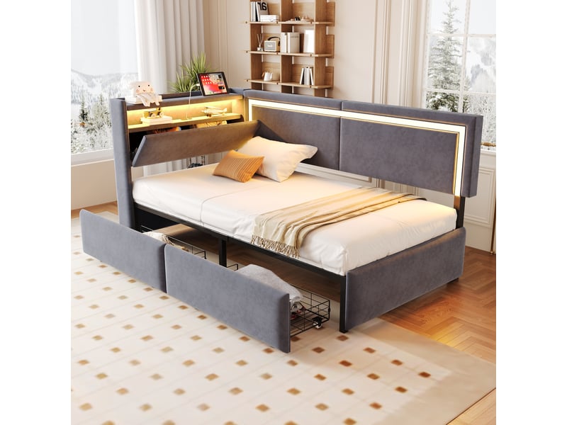  Canapé-lit 90x200 cm avec éclairage led et port usb, lit simple avec tête de lit en velours et tiroirs de rangement, gris foncé  - Conforama A