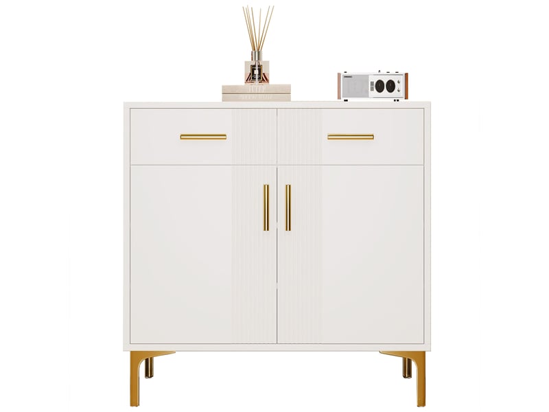  Buffet moderne de 80 cm avec deux portes et deux tiroirs, poignées et pieds en métal,blanc  - Conforama A