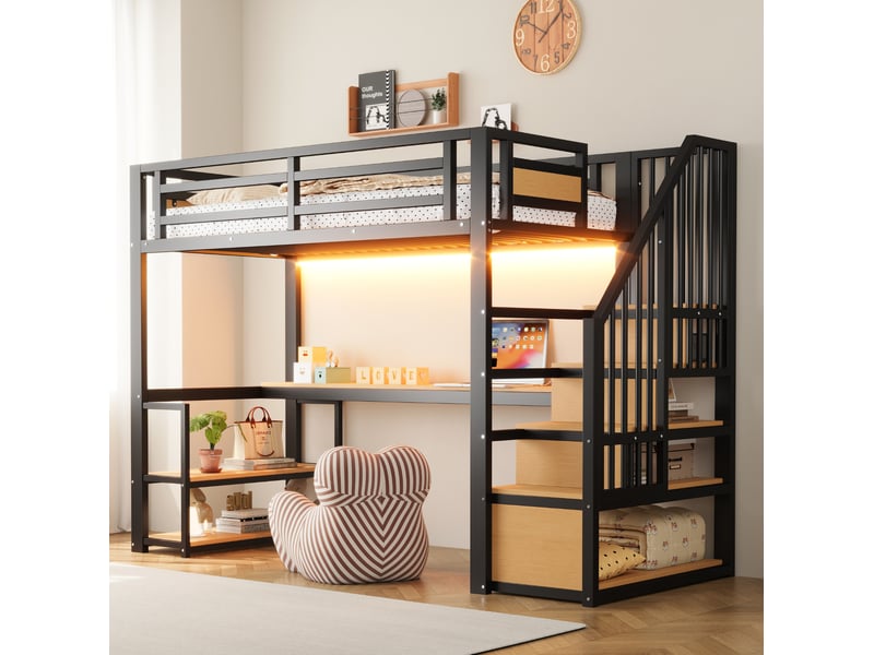  Lit mezzanine 90x200 cm noir avec bureau, étagères, escalier, led et prise  - Conforama D
