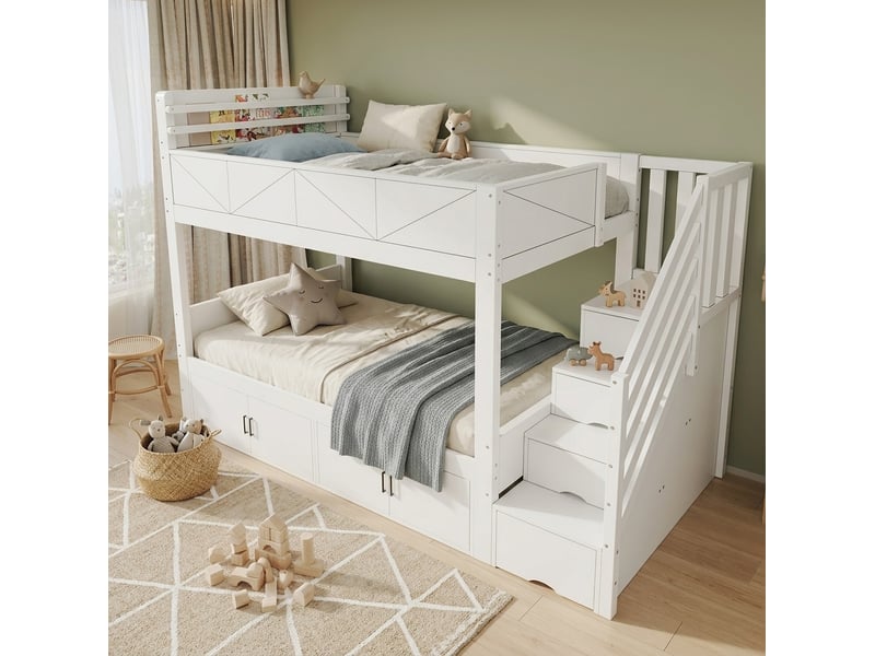  Lit superposé blanc 90x200 cm avec escalier de rangement et placards  - Conforama E