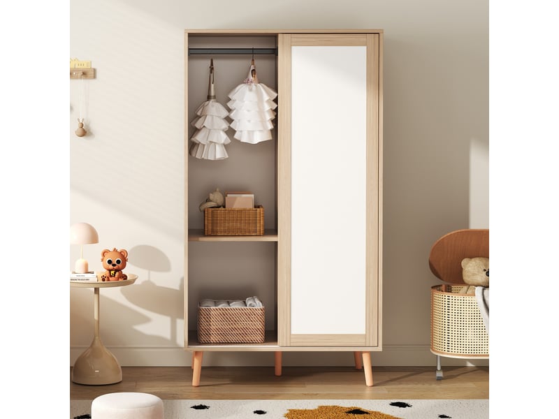  Armoire enfant portes coulissantes, 2 tringles, blanc et bois clair, 80 x 46 x 141,5 cm  - Conforama B