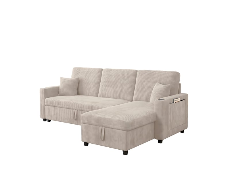 Canapé d’angle (à droite) convertible 3 places 207,5 x 142 x 84,5 cm, avec rangement, assise spacieuse et méridienne, velours côtelé, beige OMNIGLINT TRADING LTD - Conforama A
