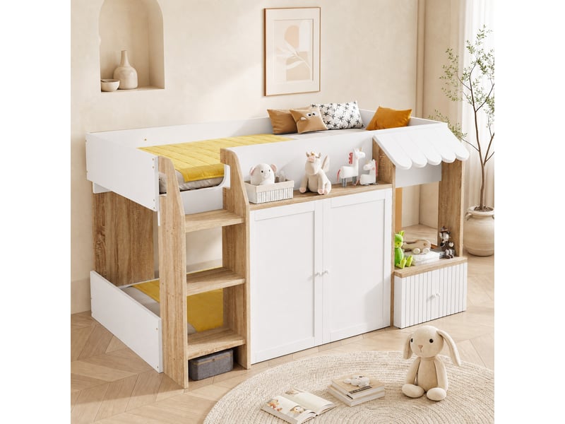 Lit enfant mi-hauteur cabane 90x200 cm avec échelle et rangement, blanc et bois naturel - Conforama B