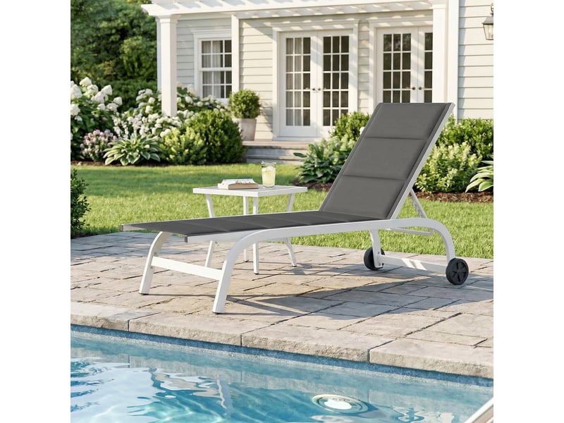  Transat de jardin à roulettes, en textline avec structure en aluminium, gris foncé et blanc  - Conforama B