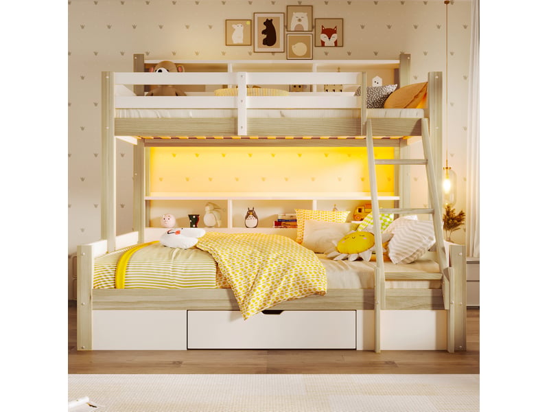  Lit superposé 90x200 et 140x200 cm avec rangements et led, blanc et naturel  - Conforama C
