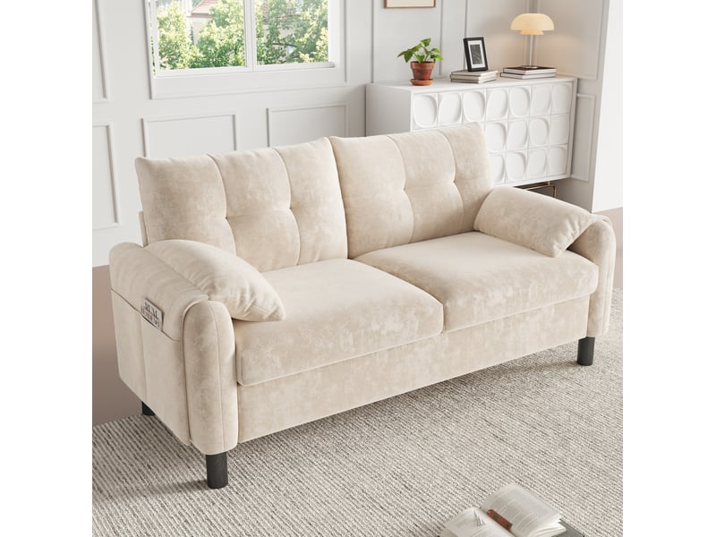  Canapé 2 places 158x80x88,5 cm en chenille beige, compact, avec poches latérales et coussins  - Conforama B