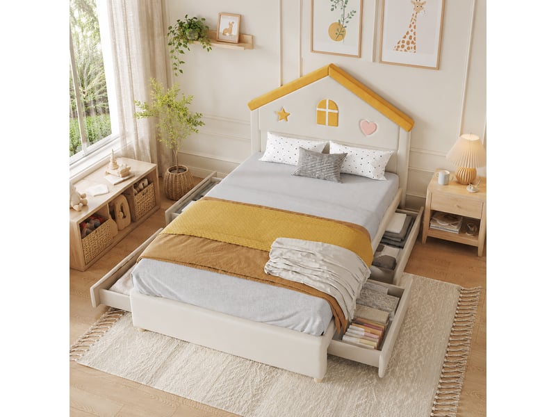  Lit 140 x 200 cm en velours avec 4 tiroirs - lit rembourré sommier à lattes et dossier - style enfant, beige  - Conforama D