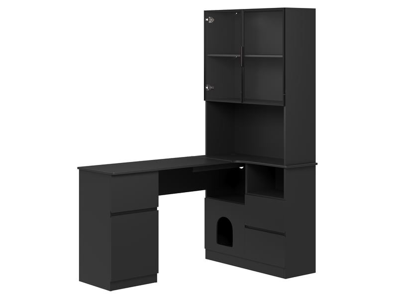  Bureau d’angle 120 × 80 × 180 cm, avec étagères et vitrine led, 3 tiroirs, 2 portes et rangement ouvert, mdf, noir, façade vitrée, finition soignée CARDUME ESTIVAL - Conforama E