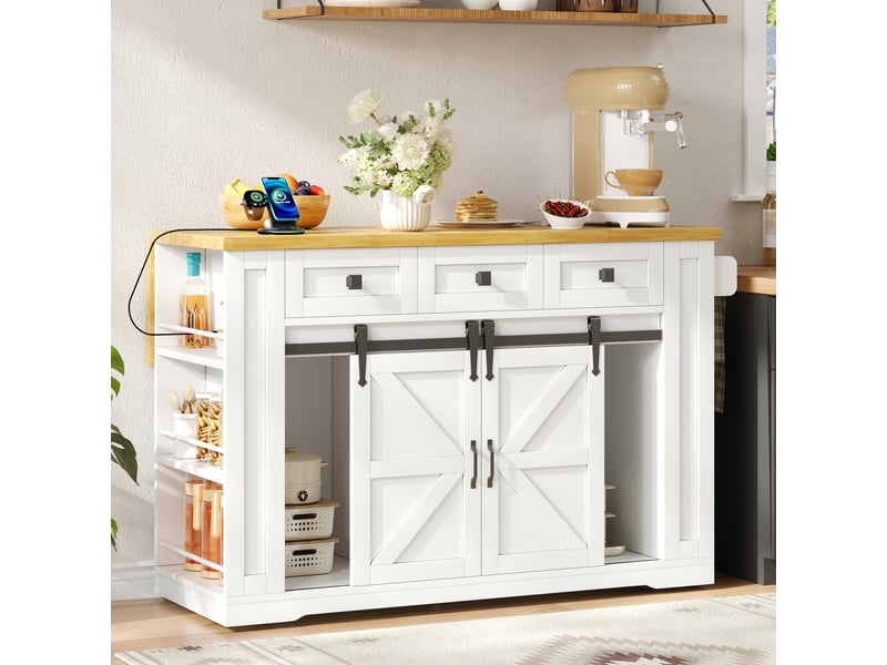 Desserte de cuisine mobile avec 3 tiroirs, plan rabattable, prises et roulettes en mdf 130×50(80)×87 cm - Conforama C
