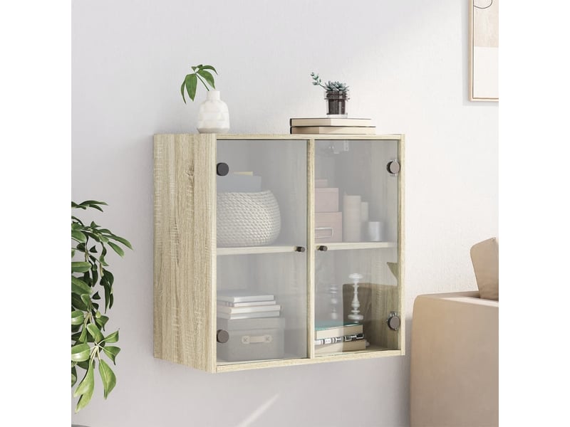  Armoire murale salon, meuble de rangement avec portes en verre chêne sonoma 68x37x68,5 cm  - Conforama C