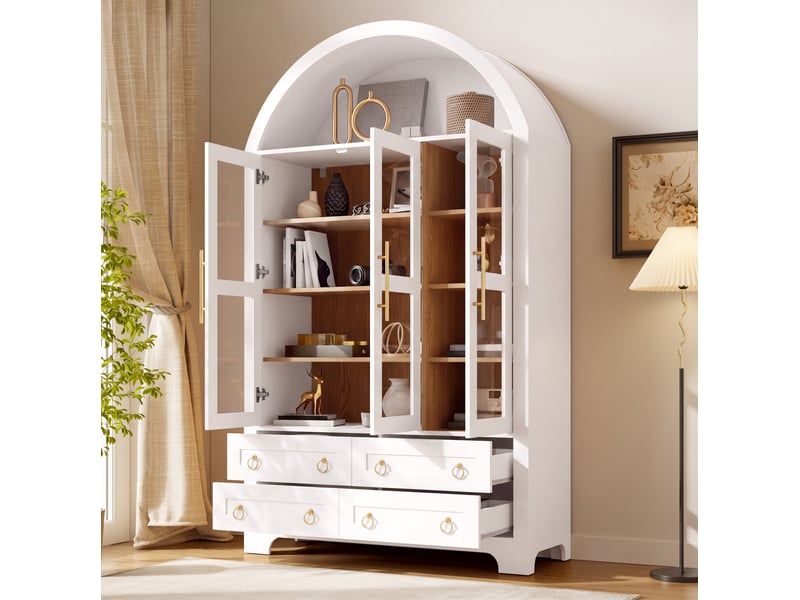  Buffet haut tcqpz 110 x 40 x 185 cm avec 3 portes vitrées, 4 tiroirs et niche ouverte blanc  - Conforama E
