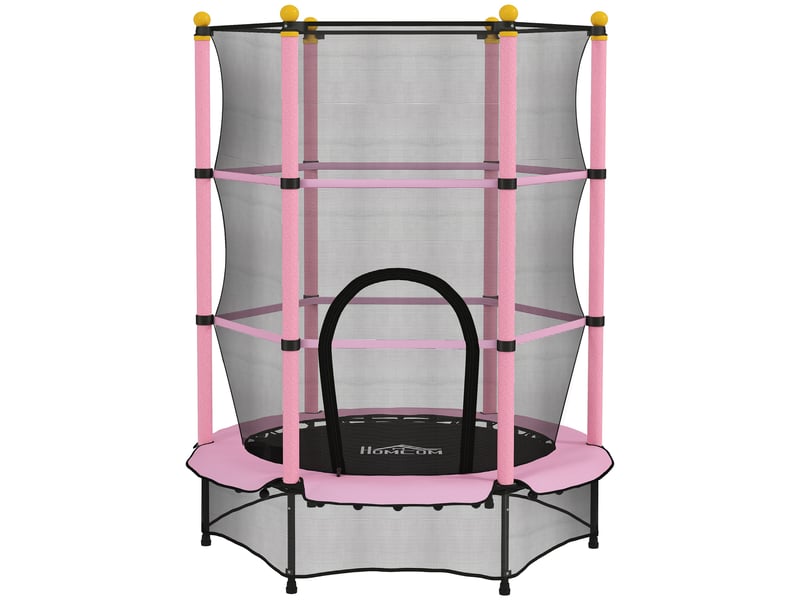  Trampoline enfant ø 1,40 × 1,90h m filet de sécurité porte zipée couvre-ressorts 6 poteaux rembourrés inclus rose  - Conforama A