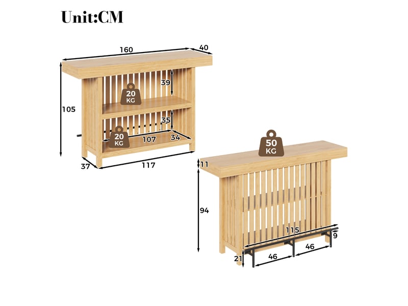  Table de bar 160x40x105 cm avec repose-pieds et rangement 2 niveaux en mdf couleur naturel  - Conforama C