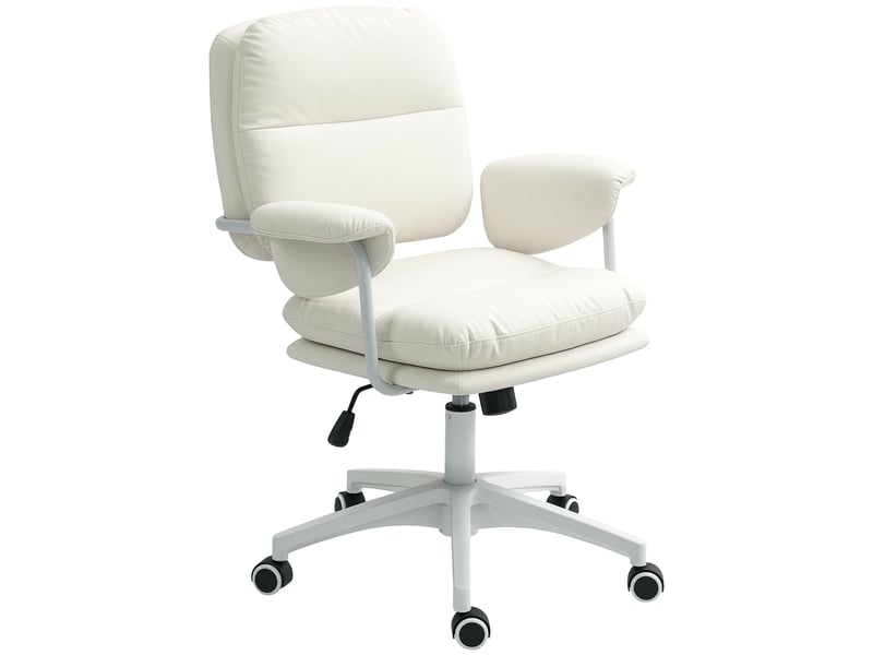  Chaise de bureau réglable en hauteur avec coussin moelleux et revêtement en similicuir, roulettes flexibles et fonction d'inclinaison, blanche  - Conforama B