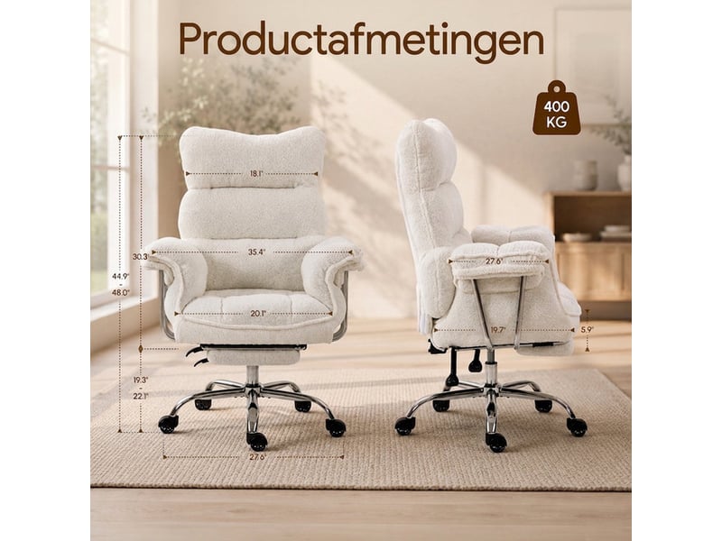  Dowinx fauteuil gaming ergonomique avec repose-pieds, ressorts ensachés, revêtement teddy fleece, charge max. 181 kg,blanc crème  - Conforama D