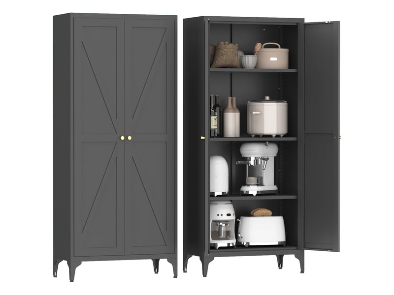  Buffet haut de rangement 165x70x35 cm, avec 2 portes en métal, style contemporain, meuble de rangement, coloris noir  - Conforama A