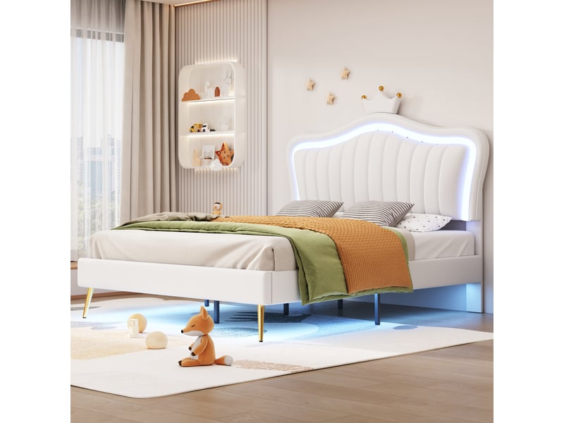  Lit enfant double 140x200 cm avec led et tête réglable, pu, blanc, sans matelas  - Conforama W
