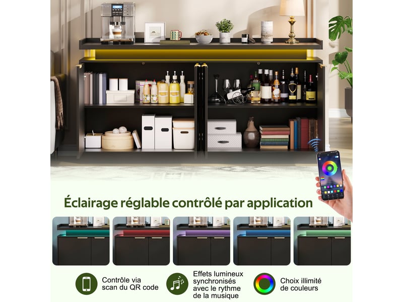  Buffet 160x39x83 cm avec led rgb, 4 portes, rangement ouvert et fermé, commande app, noir  - Conforama B