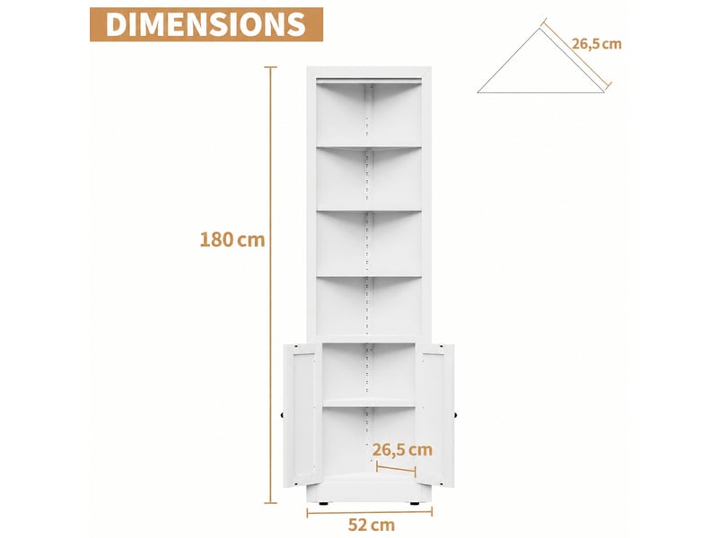  Armoire d’angle blanche en métal, 2 portes et 5 niveaux, 52 x 26,5 x 180 cm  - Conforama C