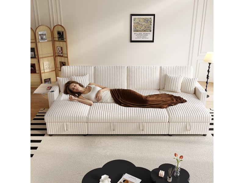 Canapé-lit en u 271x131x83cm avec lit gigogne - 2 méridiennes avec rangement - canapé modulable 6 places en velours côtelé - beige CozyNest - Conforama D