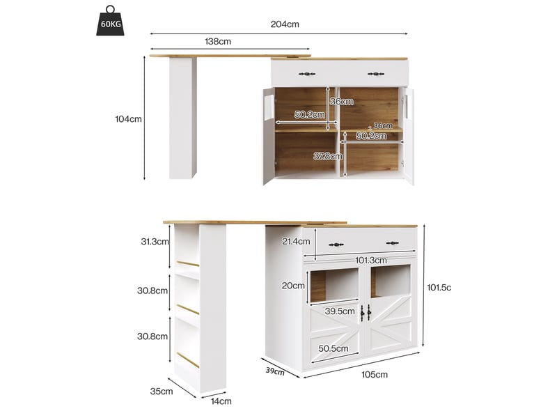 Table de bar extensible 138-204x39x104 cm pivotante mdf blanc  - Conforama E