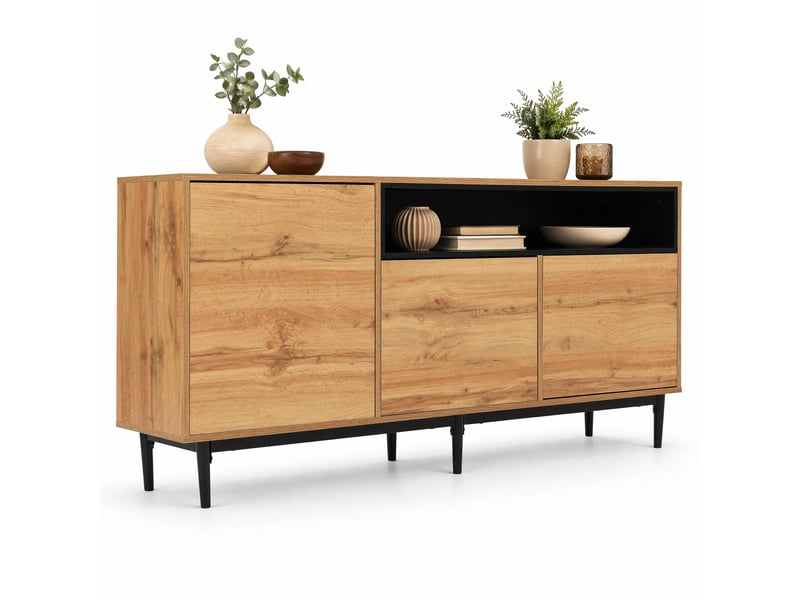  Buffet 160 x 35 x 76 cm bois naturel et noir, mdf, 3 portes et étagères pour salon ou salle à manger  - Conforama A