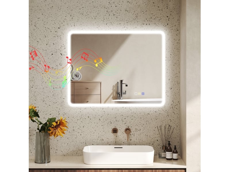  Miroir de salle de bains led 90 x 70 cm argenté en verre trempé, bluetooth, 3 couleurs, anti-buée avec mémoire  - Conforama B