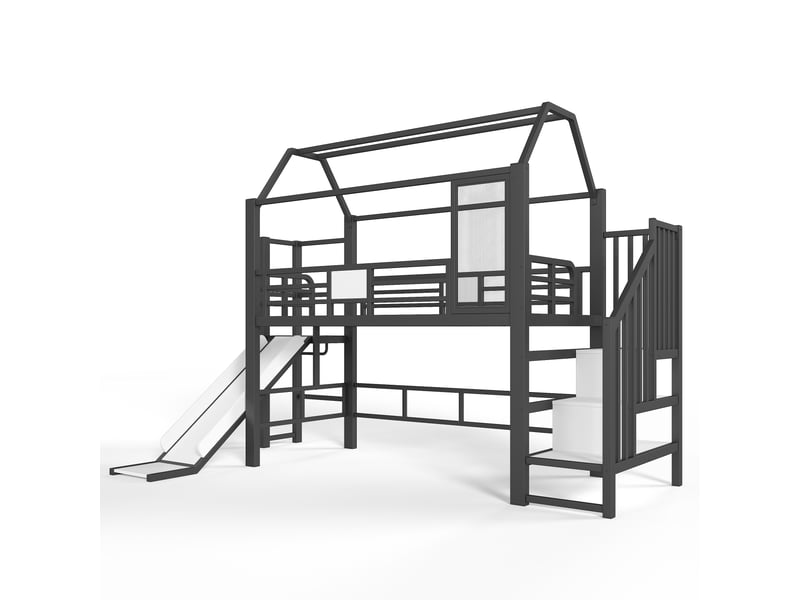  Lit mezzanine enfant maison noir 90x200 cm avec toboggan, escalier, rangement et led  - Conforama E