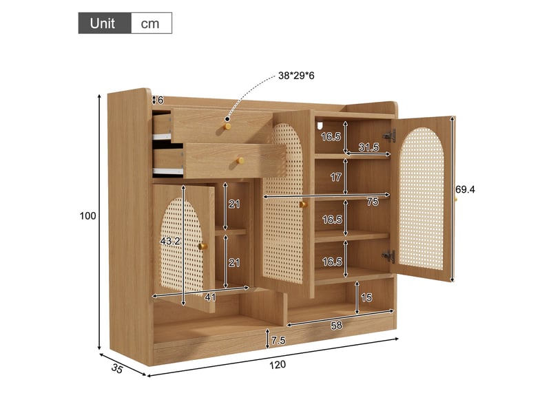 Meuble à chaussures 120x35x100 cm naturel mdf et panneau de particules, 3 portes 2 tiroirs led rangements - Conforama C