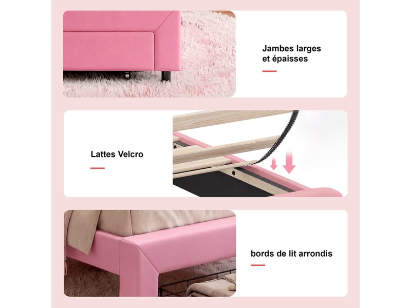  Lit simple 90x200 cm avec lampes led, lit enfant avec tête de lits réglable en hauteur et 1 tiroirs, en cuir avec couronne, pu, rose  - Conforama W