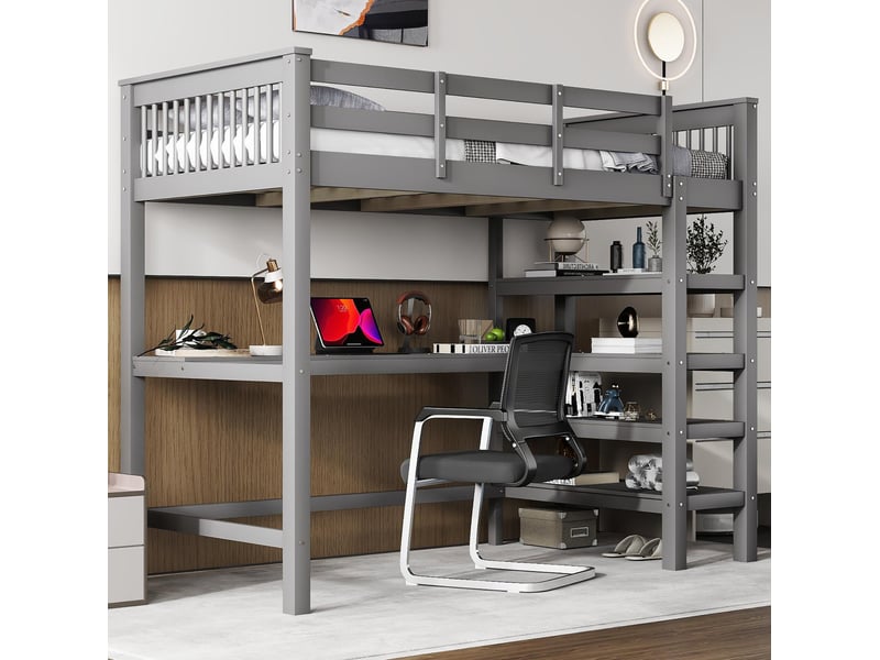  Lit mezzanine enfant 90 x 200 cm avec bureau et étagères, gris, sans matelas  - Conforama D