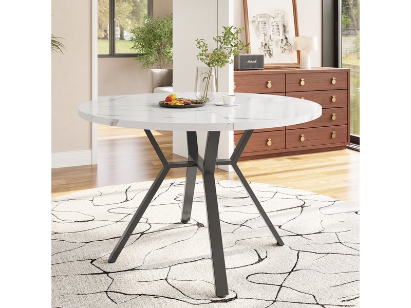  Table à manger ronde en mdf avec plateau en marbre et cadre en métal noir en forme de x,100x100cm,blanc table blanc - Conforama B