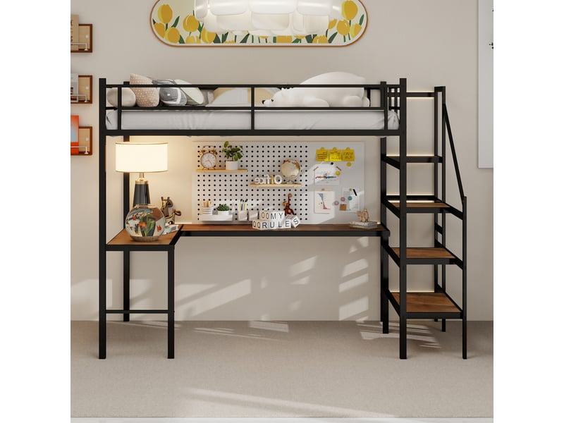 Lit mezzanine 90x190 cm avec bureau en l et escalier, métal, noir, sans matelas - Conforama B