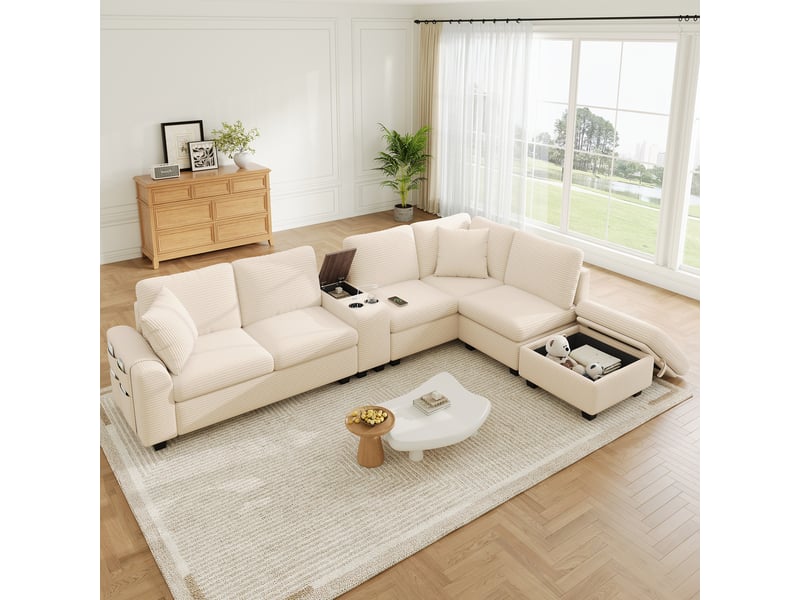 Canapé d'angle modulable 6 places en velours côtelé beige, 311 x 139 x 85 cm, forme en u, avec rangement, ports usb et usb-c, porte-gobelets CARDUME ESTIVAL - Conforama B
