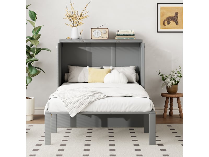  Lit escamotable vertical 90x200 cm transformable, rangement intégré, comptoir, sommier à lattes, bois gris, sans matelas  - Conforama D