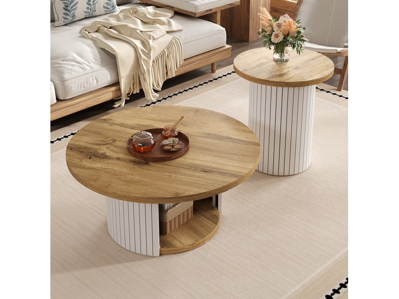  Lot de 2 tables de salon rondes en mdf, naturel  - Conforama D