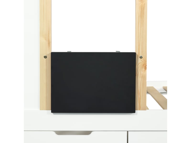  Lit superposé enfant 200×90 cm avec escalier de rangement, 3 tiroirs sur roulettes et tableau, sans matelas, blanc et bois naturel  - Conforama E