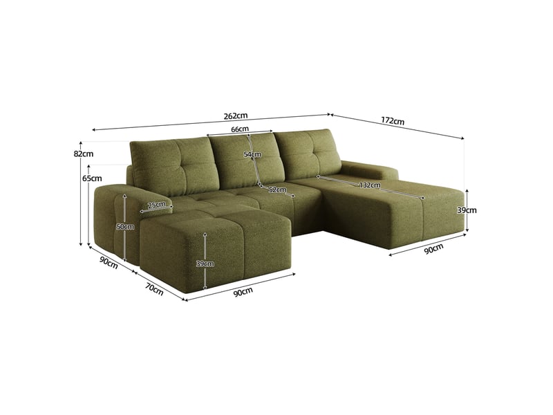  Canapé d’angle 4 places avec ottomane 262x172x82 cm en tissu vert olive  - Conforama C