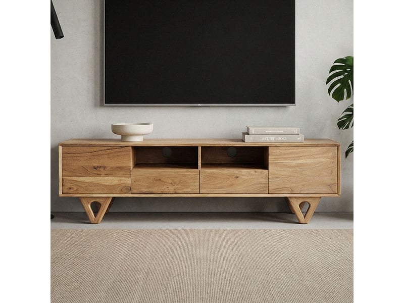 Finebuy meuble tv bas en bois massif d'acacia 160cm - meuble tv avec portes, tiroirs et compartiments ouverts - meuble tv avec passe-câbles - commode tv moderne - Conforama B