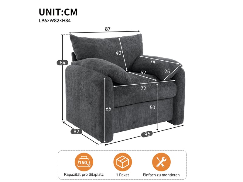  Fauteuil 96x82x84 cm, fauteuil de détente, canapé 1 place, accoudoirs confortables, mousse et chenille, couleur gris  - Conforama C