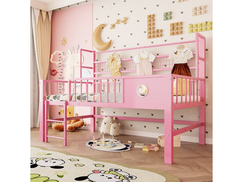  Lit mezzanine 90x200 cm avec sommier à lattes, cadre de lit adulte en métal, lit 1 personne, lit adulte, rose, lit simple  - Conforama C