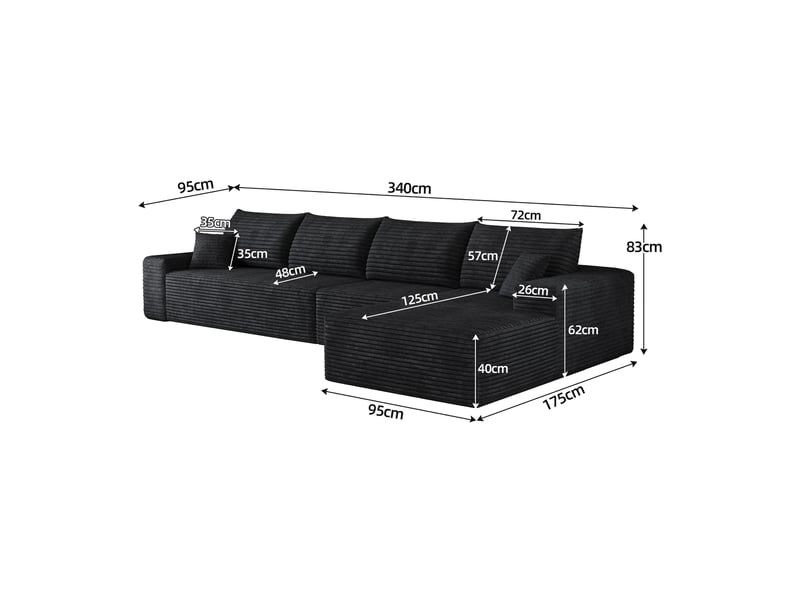  Canapé d’angle modulable avec méridienne, assise profonde - lpospi - sans montage, velours côtelé noir 340 cm  - Conforama D