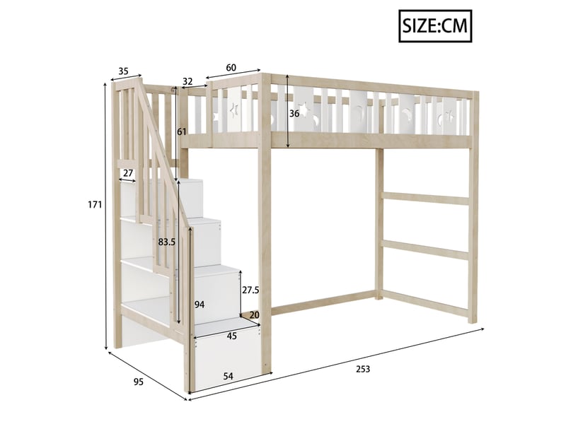  Lit mezzanine enfant 90x200 cm – blanc et naturel – escalier de rangement et étagères intégrées, sans matelas  - Conforama C