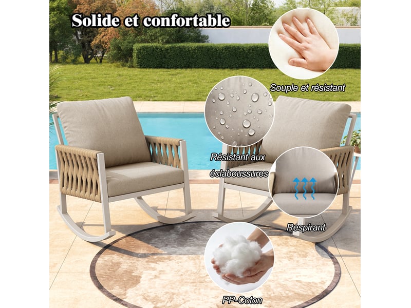  Fauteuil à bascule extérieur jardin 65x79x78 cm avec cordage croisé et coussins confort, pour terrasse, métal, beige  - Conforama D