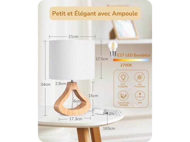  Lampe de chevet style scandinave 34 cm abat-jour lin blanc base chene clair e27 2700k led 370618_AAAYP05865_6_DROPFR - Conforama E