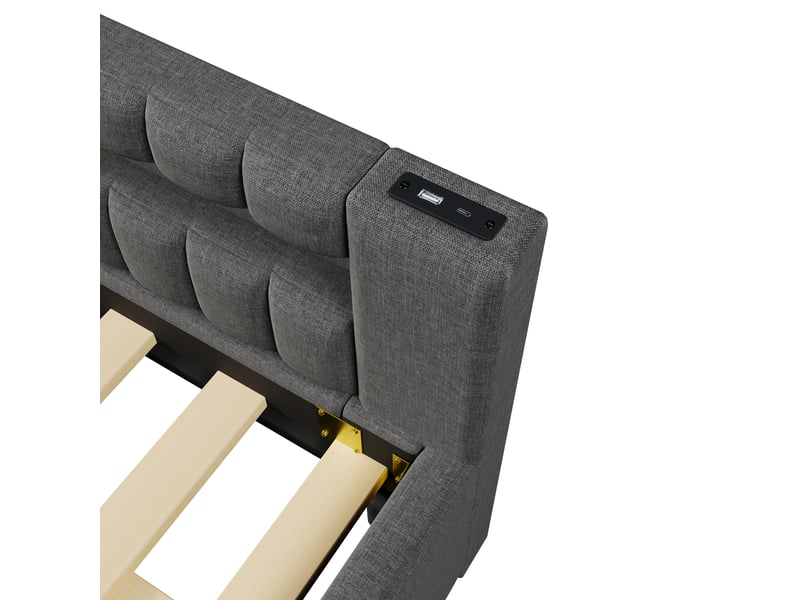  Lit banquette 140x200 en lin gris avec led - lit gigogne 90x190 et ports usbtype-c intégrés  - Conforama W